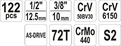 Sada nářadí s Gola sadou 1/2" a 1/4", 122 ks - YT-38901