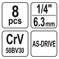 Sada vnitřních nástrčných klíčů 1/4" šestihraných 8 ks 5,5 - 13 mm YATO - YT-14431
