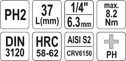Hlavice s bitem KŘÍŽOVÁ 1/4" PH2 Yato - YT-04412