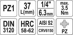 Hlavice s bitem KŘÍŽOVÁ 1/4" PZ1 Yato - YT-04417