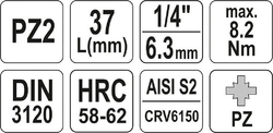 Hlavice s bitem KŘÍŽOVÁ 1/4" PZ2 Yato - YT-04418
