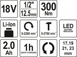 Rázový utahovák AKU 1/2" 18V 300Nm - YT-82804